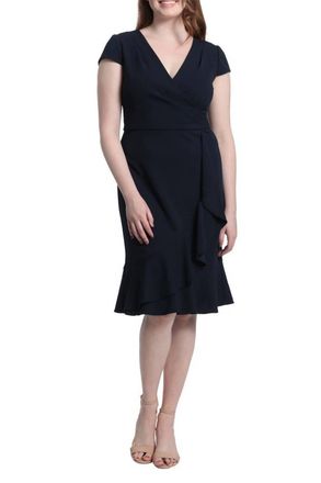 London Times Ruffled Draped Skirt Sheath Dress In Twilight Navy