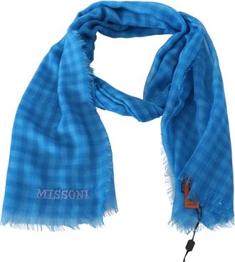 Missoni Mens Blue Checkered Cashmere Unisex Wrap Fringes Scarf