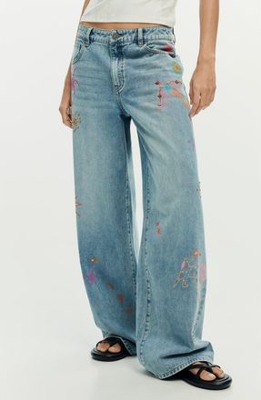 Desigual Beaded Wide Leg Jeans in Light Blue at Nordstrom, Size 36