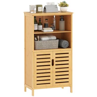 Kleankin Kleankin - Mueble De Ba&ntilde;o De Bamb&uacute; Armario De Ba&ntilde;o Con 2 Puertas 2 Estantes Abiertos Y Patas Elevadas Antivuelco 50x29x92 Cm Natural