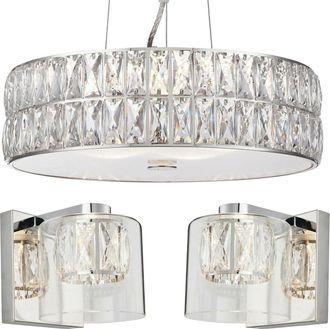 Loops 5 Bulb Ceiling Pendant & 2x Matching Wall Mount Light Chrome & Crystal Glass