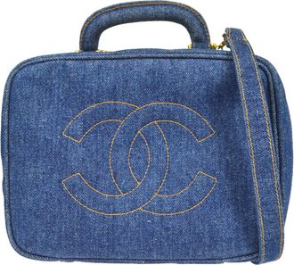 Chanel Vintage Timeless Zip Around Vanity Case Denim Blue Denim_Jeans Handbag (Pre-Owned)