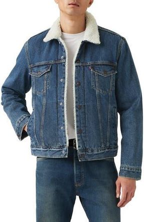 Levi's Type III Faux Shearling Lined Denim Trucker Jacket in Dark Stonewash Sherpa at Nordstrom Rack, Size Xx-Large