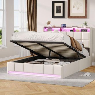 OEM Cama Con Arc&oacute;n 140x200 Cm Con Somier De Lamas, Cama 140x200 Cm, Led, Arc&oacute;n De Almacenamiento, Cama Doble 140x200 Cm, Tela De Lino, Beige