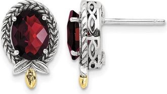 Diamond2Deal Sterling Silver with 14K Gold Accent Antiqued Checkerboard Oval Garnet Stud Earrings