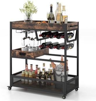 Costway Carrito De Servicio De Bar, Carrito De Barra Industrial De 3 Niveles Con Estante Para Vinos, Estante Para Copas Y Bandeja Extra&iacute;ble, Carrito De Almace