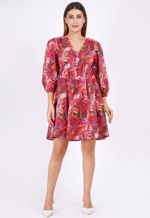 Leota Zariah Empire Waist Mini Dress in Palm Foliage Poppy Red at Nordstrom, Size Xx-Large