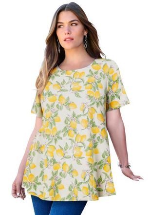 Roaman's Plus Size Ultimate Cotton Crewneck Short Sleeve Swing Tee in White Lemon Orchard at Nordstrom, Size Medium