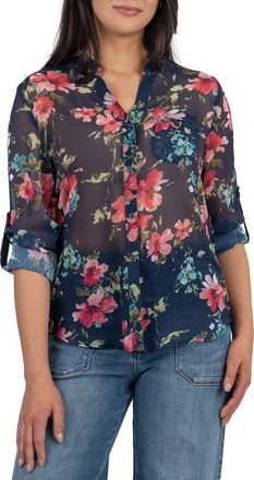 Kut from the Kloth Jasmine Chiffon Button-Up Shirt in Amboise Navy Magenta at Nordstrom Rack, Size Small