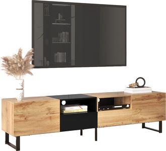 STILVORA Mueble Tv Con 2 Puertas Y 2 Cajones, Gu&iacute;as 30 Cm, Estilo Moderno, Sal&oacute;n, 190&times;38&times;48 Cm, En Mdf, Negro Y Madera Natural