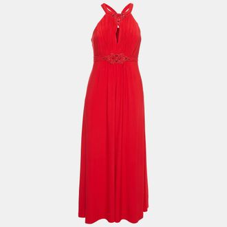 Jenny Packham Red Beaded Jersey Halter Neck Maxi Dress