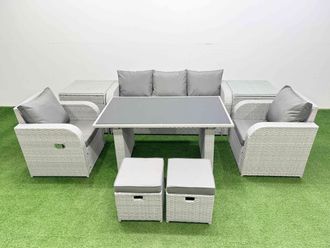 Fimous Outdoor Rattan Garden Furniture Dining Set 7-seater with 2 Side Table in Light Grey