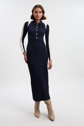 Karen Millen Rib Knit Long Sleeve Military Midi Dress in Mono at Nordstrom, Size Medium