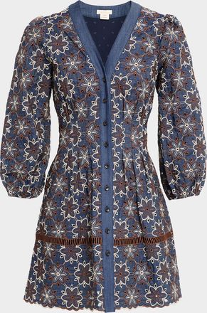 Shoshanna Lina Eyelet-Embroidered Chambray Mini Dress