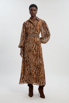 Karen Millen Womens Petite Animal Print Georgette Belted Woven Shirt Dress - Size 10 UK