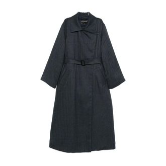 Emporio Armani Belted Coats, female, Blue, Size: S Blue Striped Belted Coat