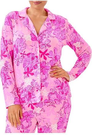 Lilly Pulitzer PJ Knit Long Sleeve Button-Up Top Womens Clothing Parigi Pink Supporting Squad : XXS, Polyester/Spandex