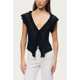 Nocturne Ruffled V-Neck Sheer Blouse in Black at Nordstrom, Size X-Small Eu