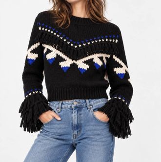 LoveShackFancy Atlas Cropped Fringe Sweater In Navy