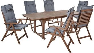 Beliani Acacia Rustic 6 Seater Garden Dining Set Extending Table Reclining Chairs Dark Wood with Grey Cushions Amantea