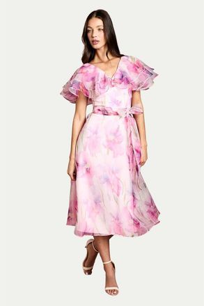 Coast Printed Organza Ruffle Sleeve Midi Dress in Pink at Nordstrom, Size 10