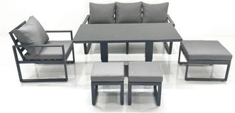 Fimous Fimous Outdoor Aluminium Garden Furniture Set with Adjustable Rising Lifting Dining Table 3 Seater Sofa Chair 3 Footstools Dark Grey