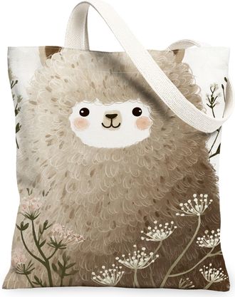 Generic Furry Animal Canvas Tote Bags, Adorable Alpaca Design Reusable Shopping Bags, Lightweight Washable Shoulder Strap Canvas Fo, Beige, 13x15 Inch