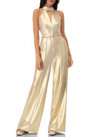 Ivonne Halterneck Metallic Belted Jumpsuit in Gold at Nordstrom, Size 12