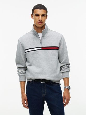 Tommy Hilfiger Mens Flag Stripe Logo Quarter-Zip Sweatshirt - Grey Flag - XXXL