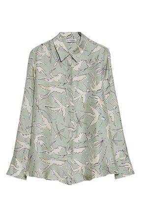 Altuzarra Chika Bird Print Silk Button-Up Shirt in 378398 Desert Sage Bird at Nordstrom, Size 10 Us