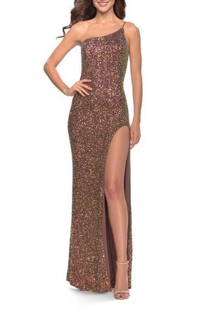La Femme Elegant Soft Sequin One Shoulder Long Dress in Bronze at Nordstrom, Size 00