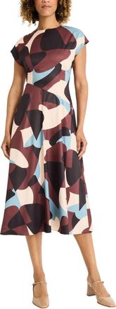 Maggy London Cap Sleeve Geo Print A-Line Dress In Cream Brown