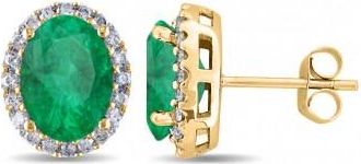 Allurez Oval Emerald & Halo Diamond Stud Earrings 14k Yellow Gold 4.20ct