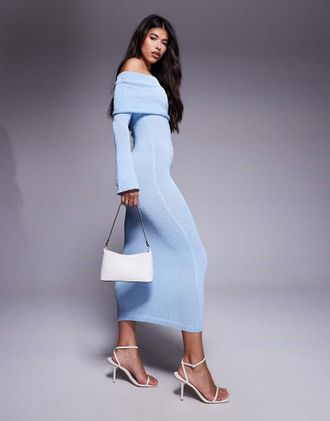Aria Cove Vestito lungo blu testurizzato in boucl&eacute; con scollo alla Bardot ripiegato arricciato-Bianco