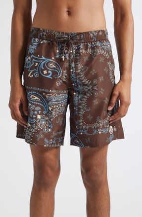 Moncler Paisley Print Swim Trunks in Parsley Brown/blue at Nordstrom, Size Xx-Large