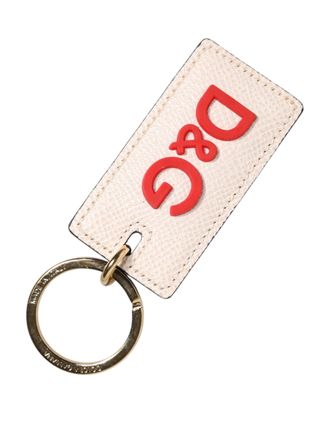 Dolce & Gabbana Witte Kalfsleer D&G Logo Metalen Ring Sleutelhanger Sleutelring