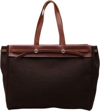 Herm&egrave;s Brown Toile H Leather Tote Bag (Pre-Owned)