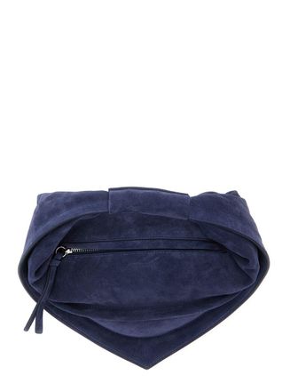 Federico Cina Tortellino Blue Midi Handbag With Adjustable And Removable Shoulder Strap And Logo Lettering On The Front In Suede Woman