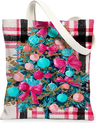 Generic Christmas Tree Canvas Tote Bags, Colorful Holiday Design Reusable Bags, Vintage Lightweight Washable Shoulder Strap for Outdoor Picnic 13x15 Inch
