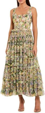 Mac Duggal Floral Printed Tiered Ruffle Smocked Midi Dress in Yellow Multi at Nordstrom, Size 10