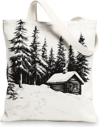 Generic Winter Farmhouse Christmas Canvas Tote Bag for Shopping 13x15, Forest Country Snow Xmas Reusable Grocery Print Bag for Women, Farm Holiday Beach Aesth
