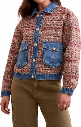 Tribal Mixed Media Plaid Jacket With Denim Inserts In Plumwine