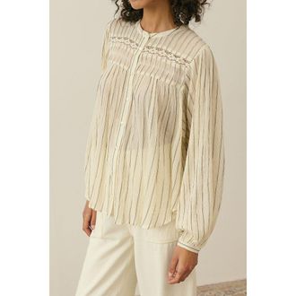 Louise Misha Gestreepte geborduurde blouse met lange mouwen en ronde hals JALLY