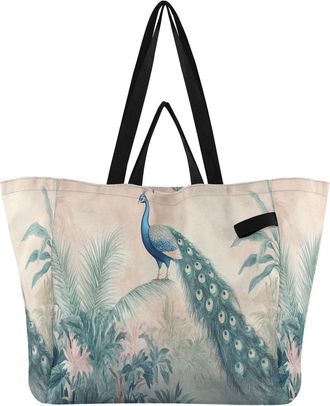 Generic Tropical Plants Drawing Blush print Reusable Canvas Tote Bag, Heavy Duty Grocery Shopping Bag with Large Capacity Hard Bottom Double Handles Work Groc