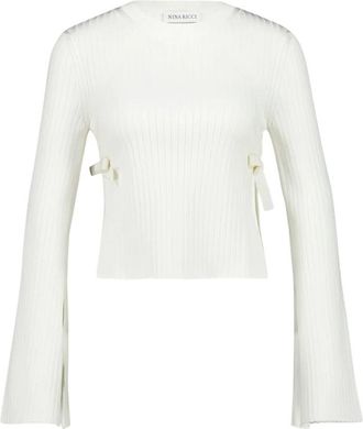 Nina Ricci Gebreide top met uitlopende mouwen en strikken - Dames - Ronde hals truien - Beige - S - Truien & Vesten
