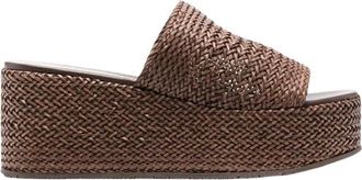 Casadei Brown Woven Leather Platform Slides Size 38