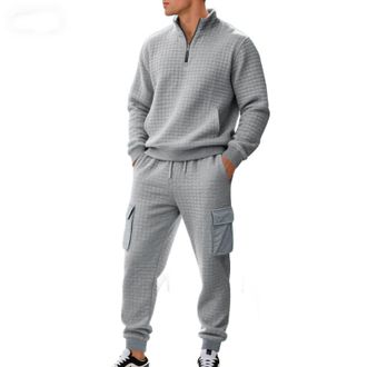 Generic 2025 Mens Fall Waffle Tracksuit 2 Piece Set Pullover Polo Quarter Zip Sweatsuits Jogging Sweatpants Loungewear