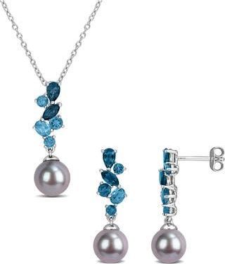 Delmar 8-8.5mm Cultured Freshwater Pearl & Gemstone Cluster Earrings & Necklace Set in Multi-Color/Blue at Nordstrom Rack