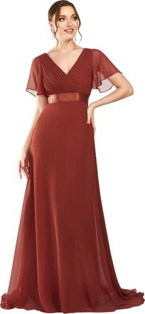 Ever-pretty Womens Double V-Neck Short Flutter Sleeves Empire Waist Elegant Chiffon Long Evening Dresses VE-Vermilion 20UK