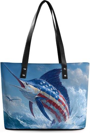 Generic US Flag Marlin Fish Tote Bags for Women Cute Shoulder Purses Handbags
